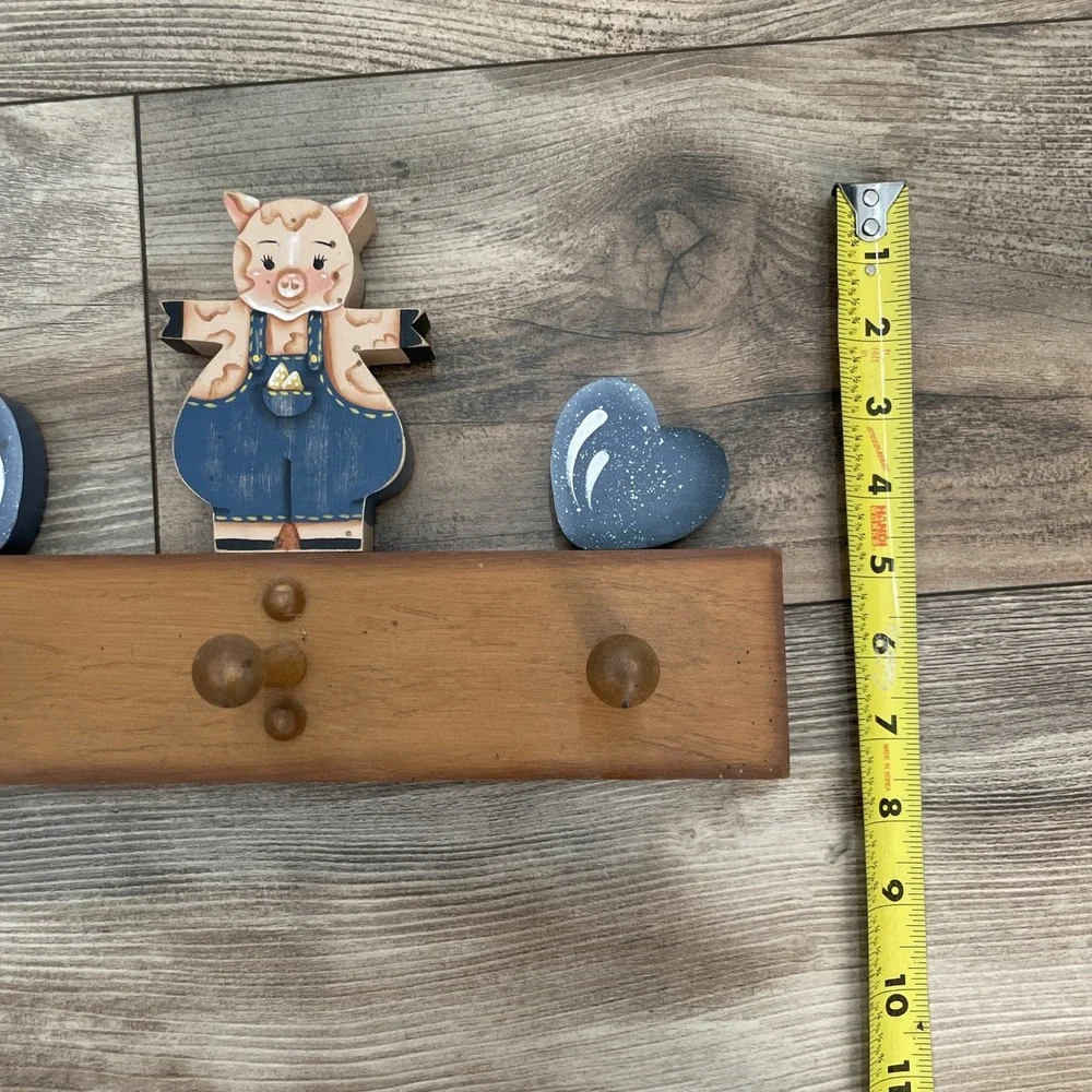 Wood Wall Mounted Coat & Hat Rack, 3 Hooks, Blue Heart & Pig Accents Cottage